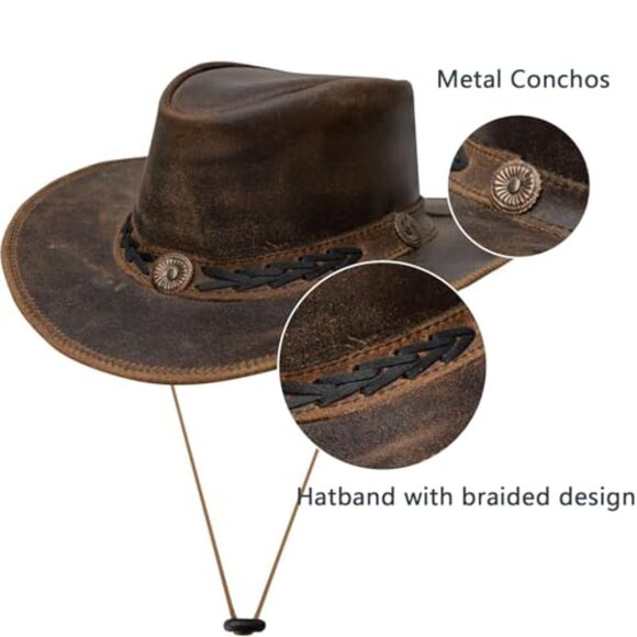 Genuine Leather Cowboy Hat Shapeable Brim Western Outback Style Unisex
